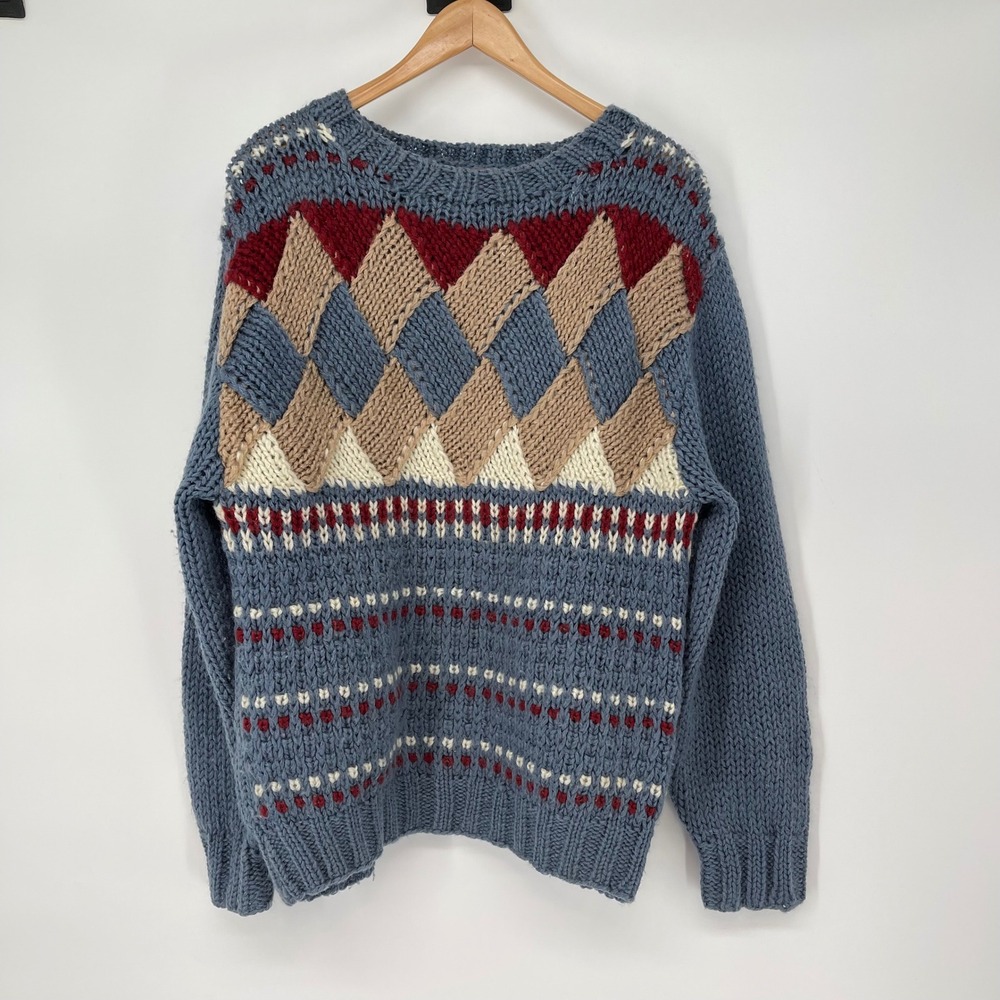 Vintage Blue‎ Red Knit Sweater Crew Neck Pullover Argyle Size S Eclectic Grandpa